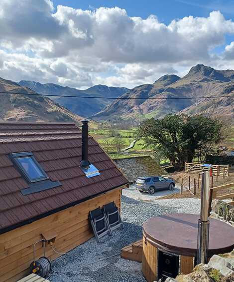 Lake District Glamping in our Luxury Glamping Pod with Hot Tub, Crinkle Crags at Harry Place Farm, Great Langdale.